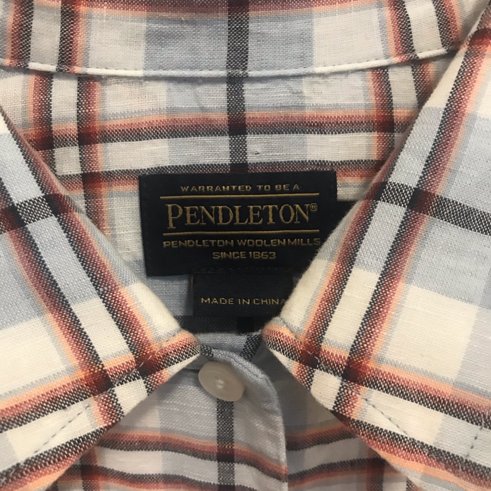 Pendleton Linen Cotton Button Blue Plaid Shirt - image 2
